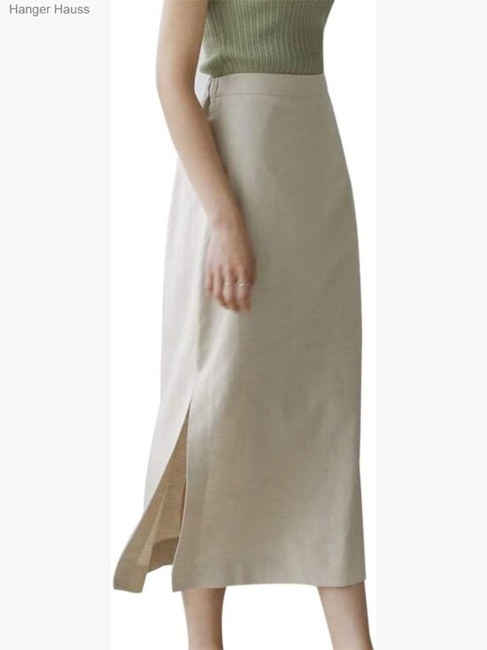 Dresses & Skirts - High Waisted Straight Fit Linen Long Skirt with Slit Midi